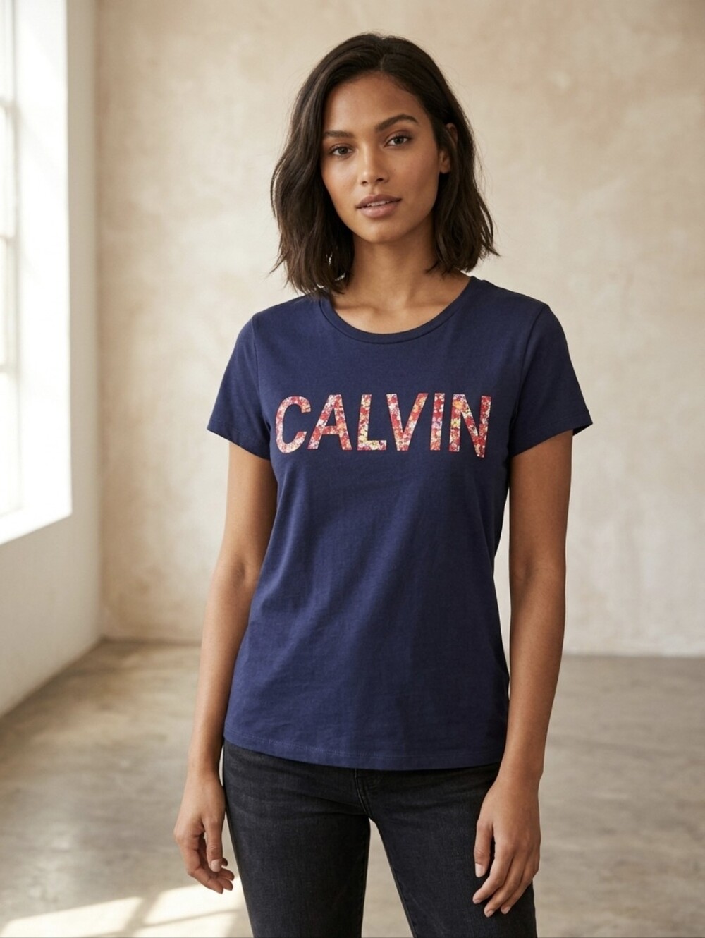 Calvin Klein Jeans Navy Floral Logo Graphic Tee - Size XL